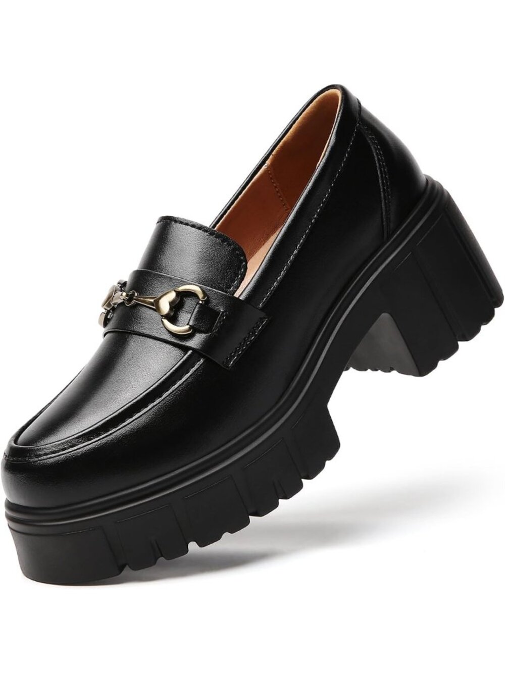Women's Black Chunky Block Heel Leather Non Slip Comfy Platform Penny Loafer